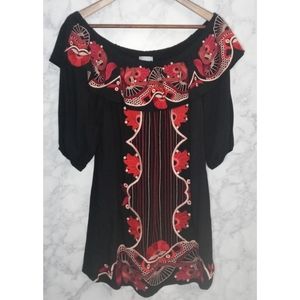 Skies Are Blue Off Shoulder Embroidered Dress Women Size S Black Red Lined